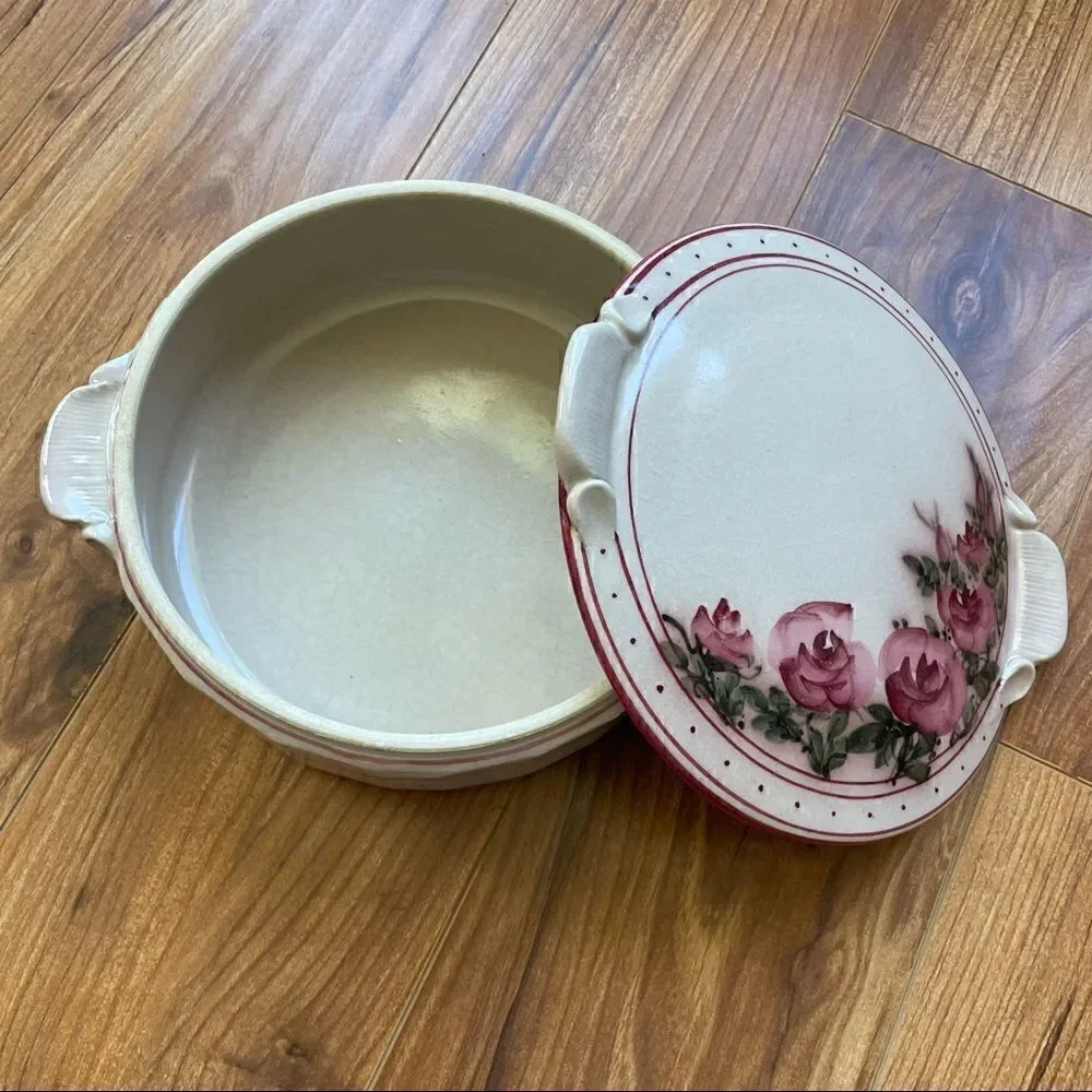 Vintage Hand crafted Ceramic Casserole Dish with Lid and Roses